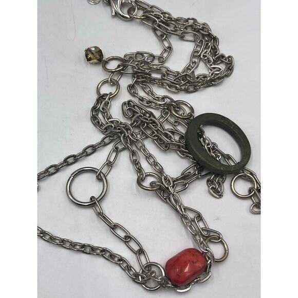 Emily Ray Boho Double Strand Stone Mixed Metal Chains Jade Green Coral Necklace - Picture 11 of 13